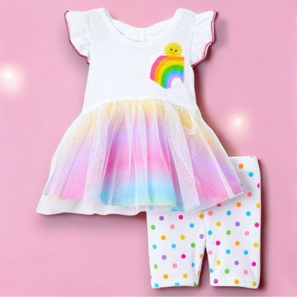👚2/$10👗3/$12 Nannette Kids Rainbow Tunic & Polka Dot Bike Short Set 24M
